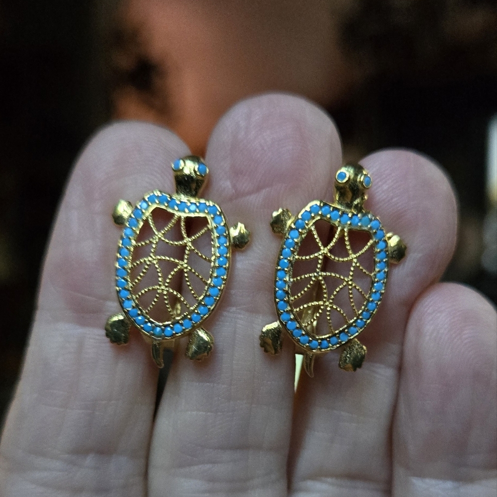 Turquoise Turtle sterling & gold Earrings - Picture 5 of 8